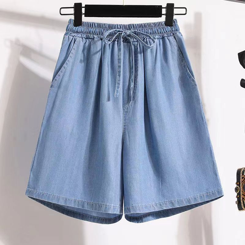 Tencel Denim shorts women's summer New Thin Ice Silk casual cropped plus size loose wide leg high waist distressed A- line pants