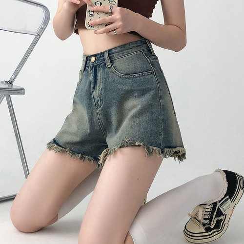 Vintage Raw Hem Denim Short Women's Instagram Hot Girl Summer A-line Hot Pants American Tassel Design High-Waisted Wide Leg Shorts
