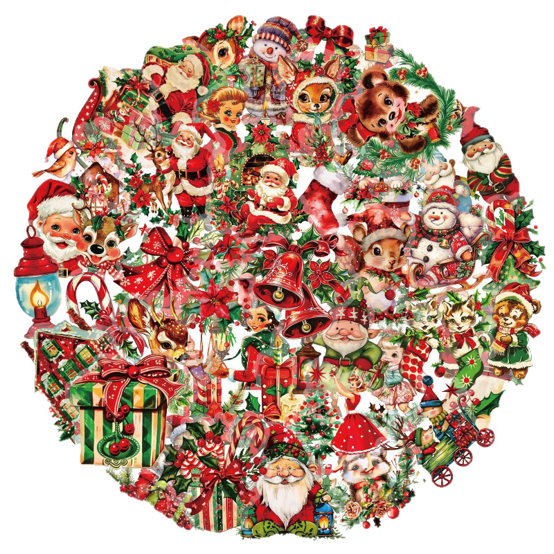 50枚のレトロなクリスマスPETリアルステッカー、個性的な装飾、ホリデーのお祝い、手帳素材、DIY防水ステッカー|undefined