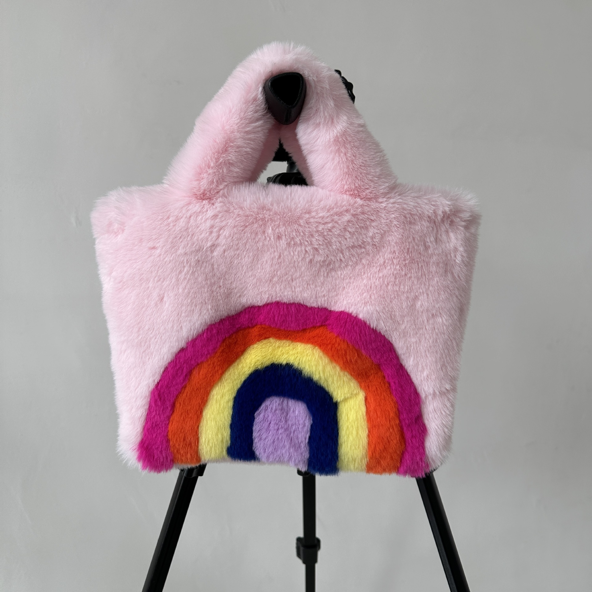 Bolso de mano tipo tote para mujer, de gran capacidad, con diseño de piel de conejo sintética, estilo arcoíris, éxito de ventas transfronterizo, moderno y versátil.