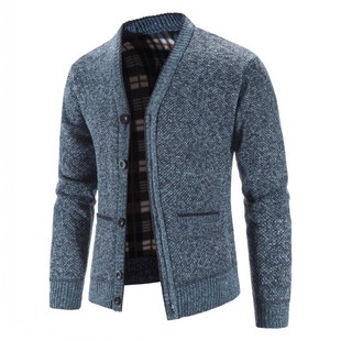 Popular Foreign Trade Fleece-Lined Thick Men's Plus-Size Slim-Fit Knit Sweater Jacket Men's Sweater Coat V-Neck Cardigan