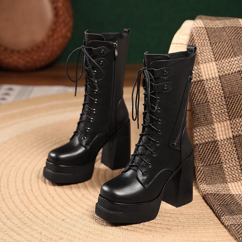 Boot nữ cổ trung dây buộc đế platform gót cao 12 cm — Lót lông đen
