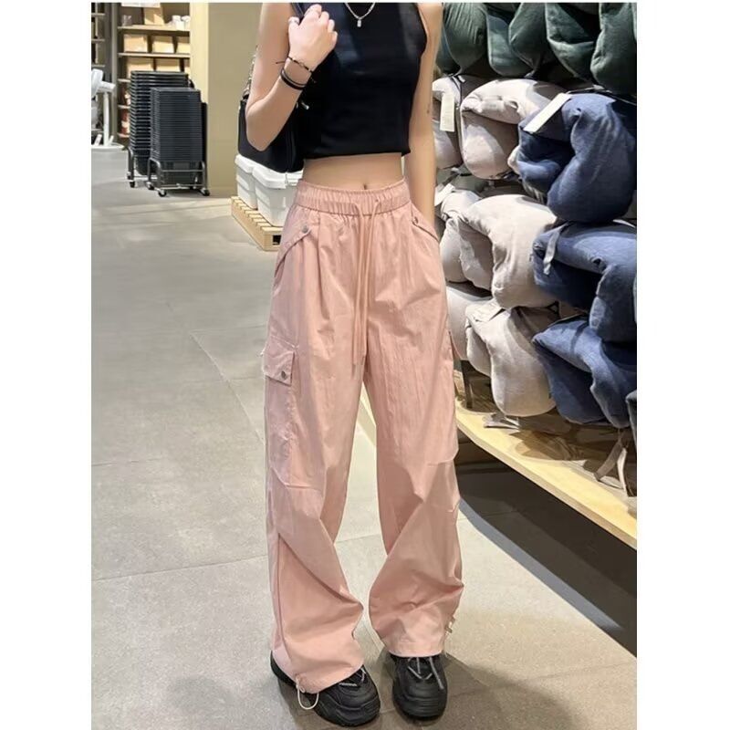 灰色工装裤女春秋2025新款降落伞登山裤子宽松高腰阔腿美式运动裤|undefined