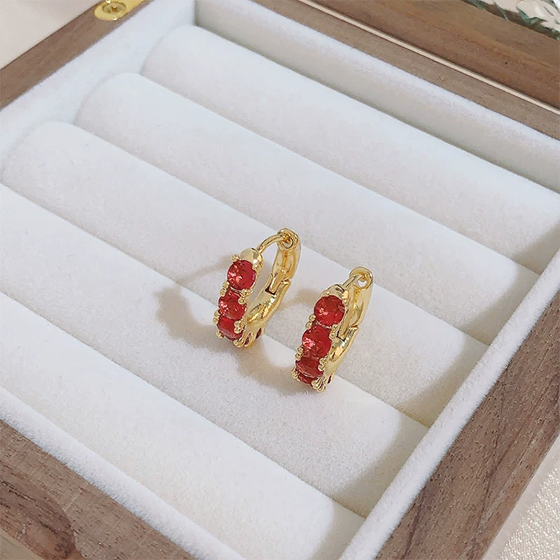 Earrings W683, zirconium stones, green or red, gold‑tone light‑luxury hoop design