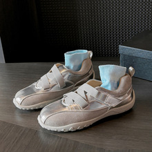 很软更舒适运动厚底德训鞋2024秋新款中跟牛皮拼接真皮休闲单鞋女