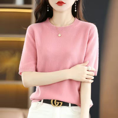 Spring and Autumn Round Collar Short Sleeve Women's Wool Sweater Loose and Slimming Half Sleeve Knit Top Versatile Thin Middle Sleeve Cardigan Fashion