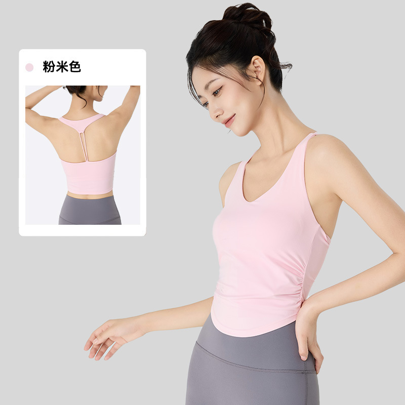 瑜伽服背心上衣女带胸垫免穿内衣腰部抽褶紧身显瘦普拉提运动背心|undefined