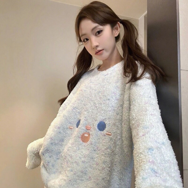 秋冬季新款半边绒睡衣女加绒加厚刺绣甜美可爱笑脸保暖家居服套装|undefined