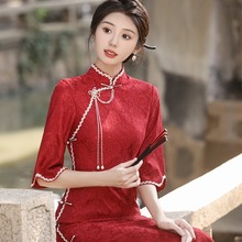 红眸2023秋冬新款复合雪尼尔旗袍连衣裙中长款日常改良蕾丝旗袍