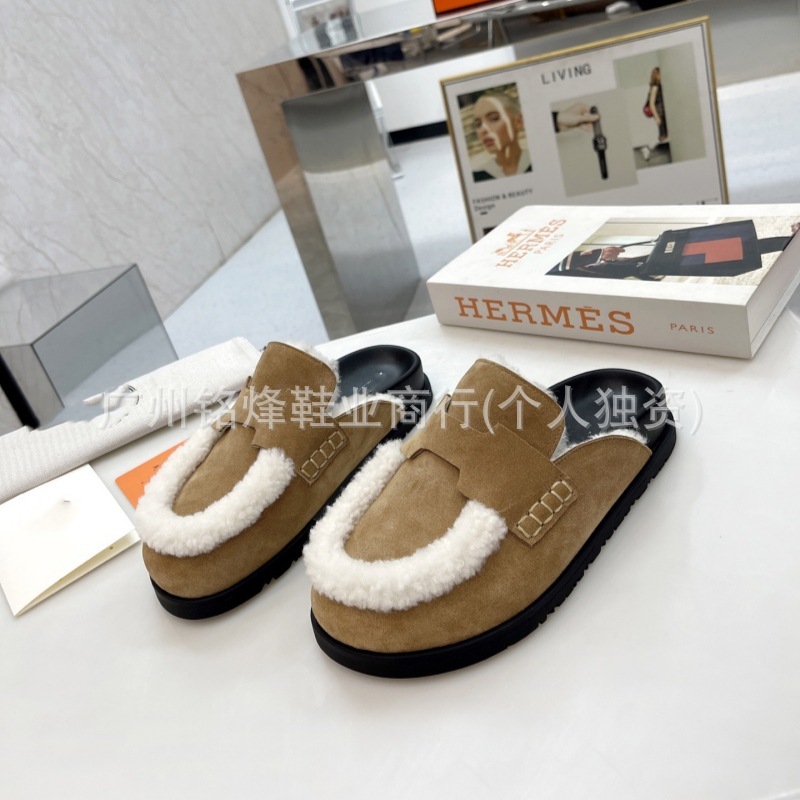 欧货秋冬H包头毛拖鞋女真皮穆勒半拖勃肯女鞋真羊羔毛懒人厚底鞋|undefined