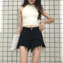 2024新款欧美牛仔短裤女黑色蓝色高腰宽松毛边热裤阔腿裤子批发