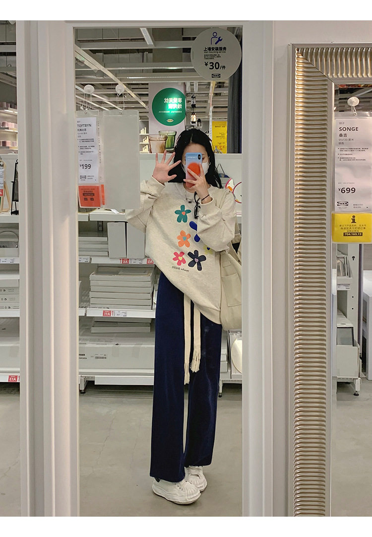  吉普盾 圆领卫衣女春秋薄款港风复古减龄宽松上衣