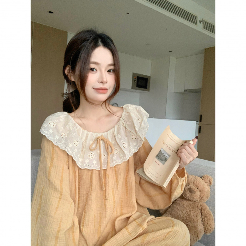 韩国ins女士春秋新品韩版甜美纱宽松舒适长袖睡衣套装家居服批发|undefined
