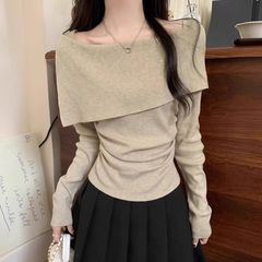 设计感一字肩翻领长袖针织衫女春秋内搭修身甜辣打底毛衣外穿上衣