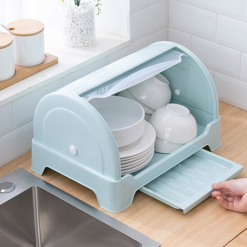 Kitchen Tableware and Cup Storage Box, Bowls, Chopsticks and Dishes Drain Rack, Household Plastic Multi-Functional Storage Rack with Cover