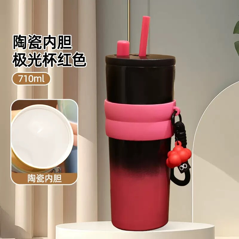 新款高颜值大容量不锈钢保温杯冰霸杯带提绳渐变吸管杯子车载水杯|undefined