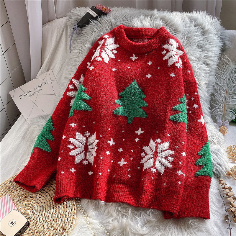 Women's Korean version of Christmas sweater 2025 autumn and winter new style loose red lazy style sweater top trendy
