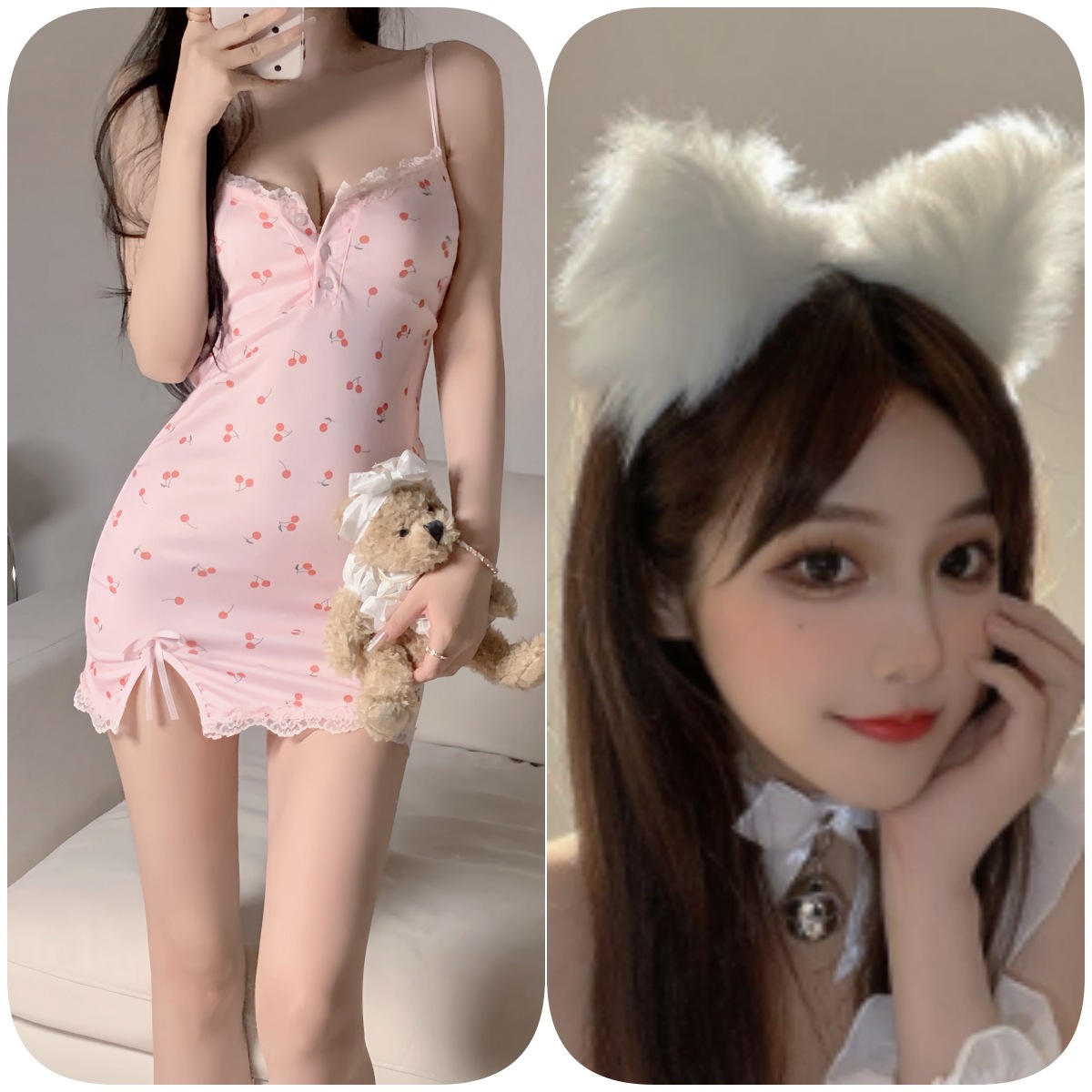 핑크 + 흰색 토끼 귀