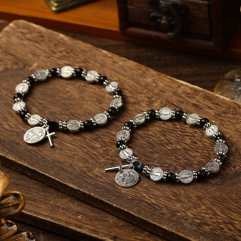 Cross-Border Amazon Best-Selling Silver St. Benedict Medal Rosary Bracelet Unisex Gift Wholesale