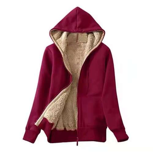Women's Fashion Composite Plush Hooded Long-Sleeve Solid Color Sweatshirt Printed Plush Jacket