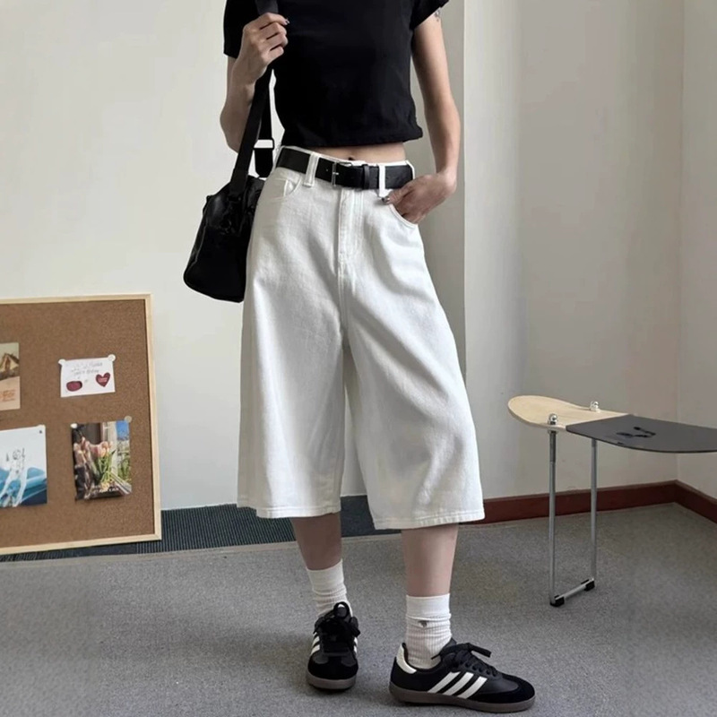 New Style White Cropped Pants for Women, Summer Thin Version, Petite Size, Wide-Leg Loose Denim Shorts, Seven-Eighths Length New Style White Cropped Pants for Women, Summer Thin Version, Petite Size, Wide-Leg Loose Denim Shorts, Seven-Eighths Length