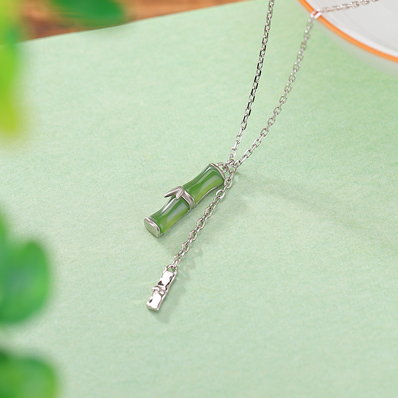 Dây chuyền bạc S925 mặt ngọc bích hình hươu phong cách Trung Hoa — Kiểu màu bạc