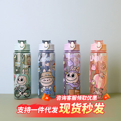 外贸出口labubu卡通透明弹盖吸嘴水杯手提带防摔水壶太空杯拉布布
