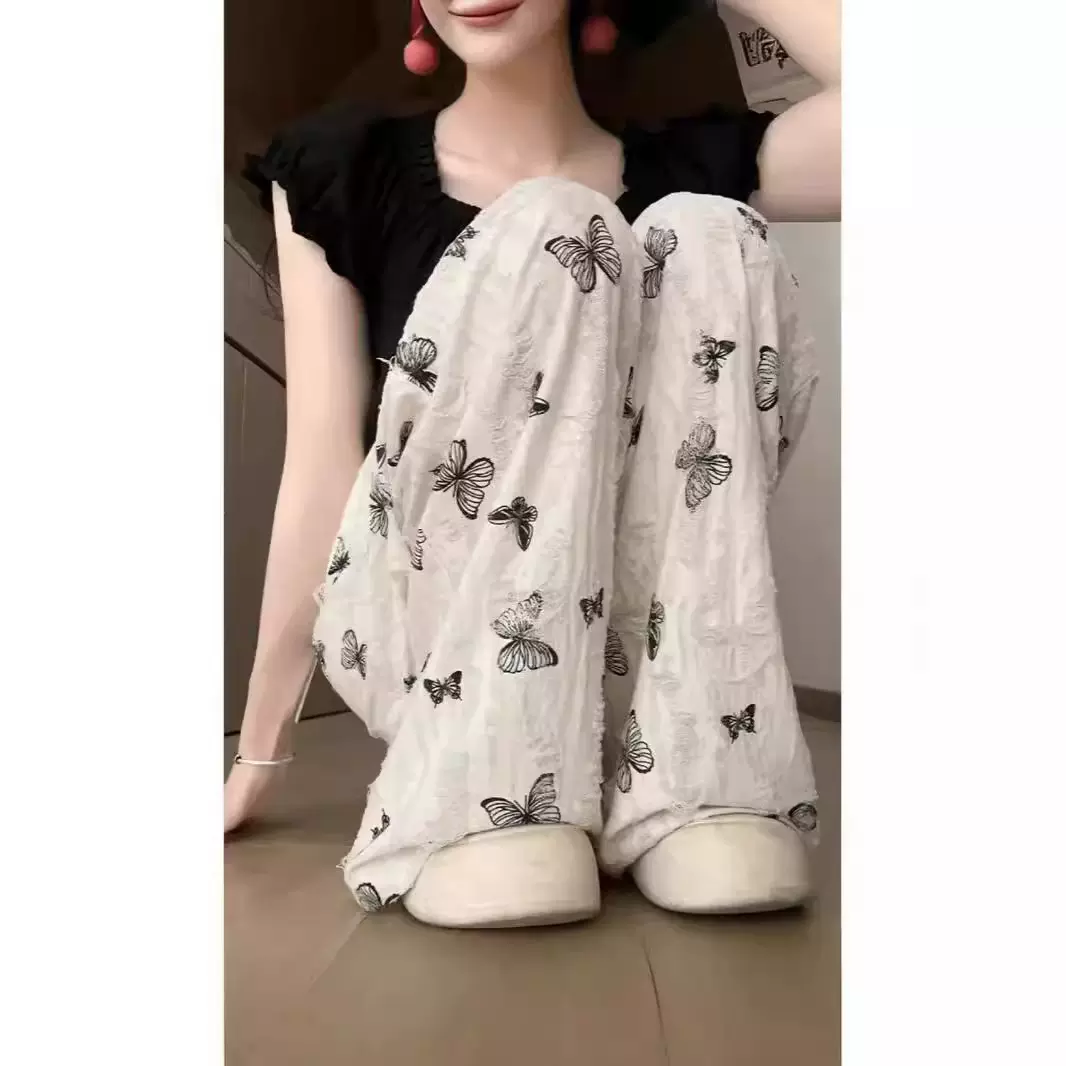 冰丝阔腿裤女夏季高腰垂感休闲慵懒小个子蝴蝶印花破洞白色直筒裤