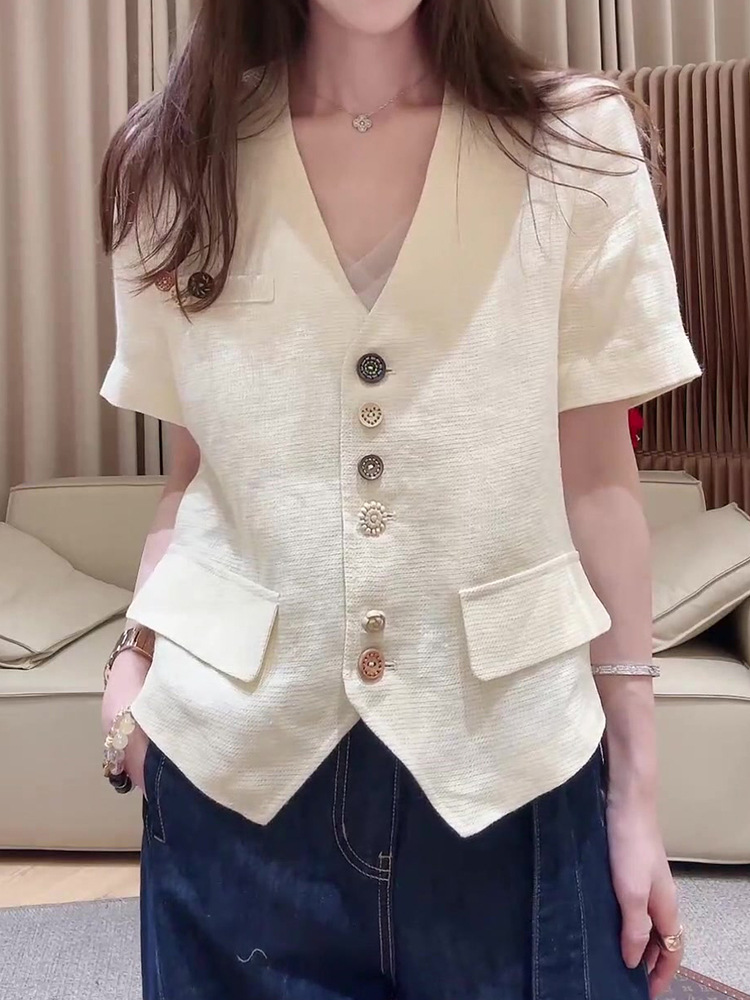 Áo sơ mi nữ cổ V tay ngắn phong cách Pháp cổ điển — trắng