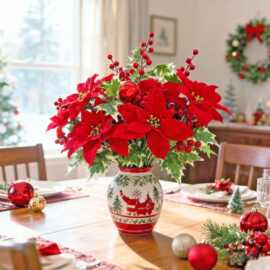 圣诞仿真花束一品红绒布花头松针圣诞球圣诞装饰圣诞红跨境批发