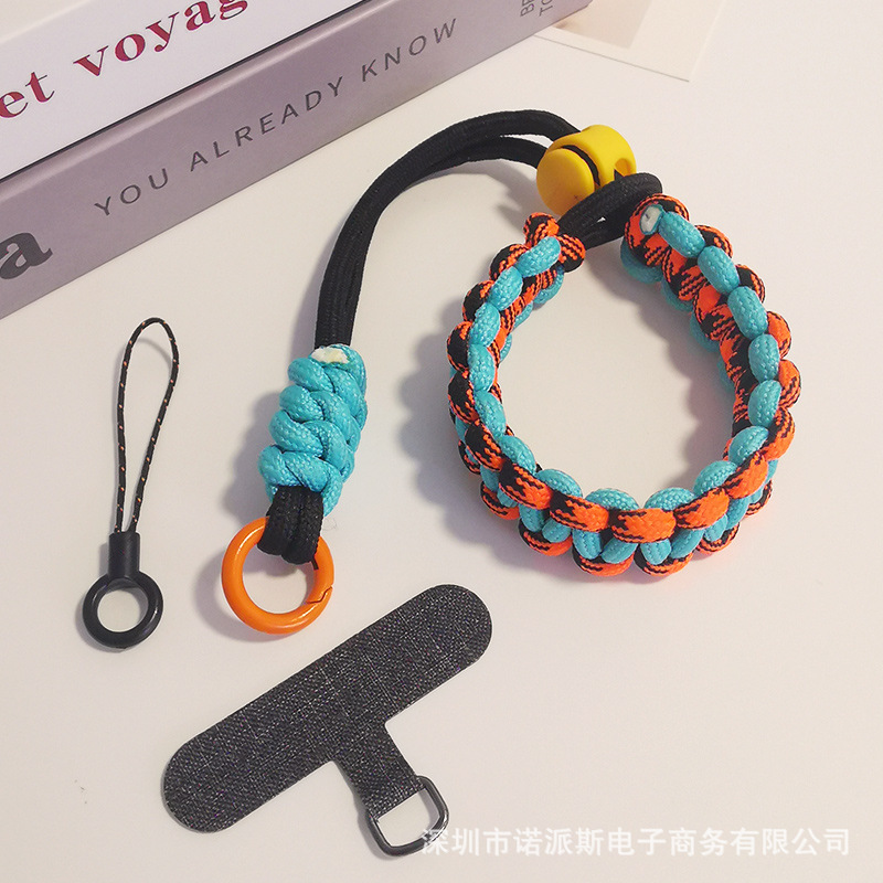 짧은 [녹색 및 주황색] 조절 가능한 땋은 끈 + 짙은 회색 카드 스트립 + 작은 끈