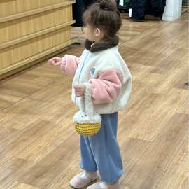 2023冬季新款童装 韩版童装 女童拼色加绒羊羔毛外套 夹棉外套