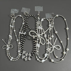 ins銀色珍珠愛心蝴蝶結手機鏈條可斜跨可掛脖ccd相機鏈包包掛件女