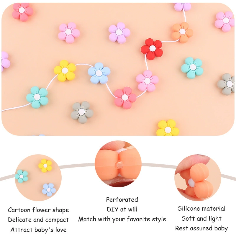 Cartoon silicone children's creative teether for baby, pacifier, chain, bracelet, toy with accessories, flowered, handmade