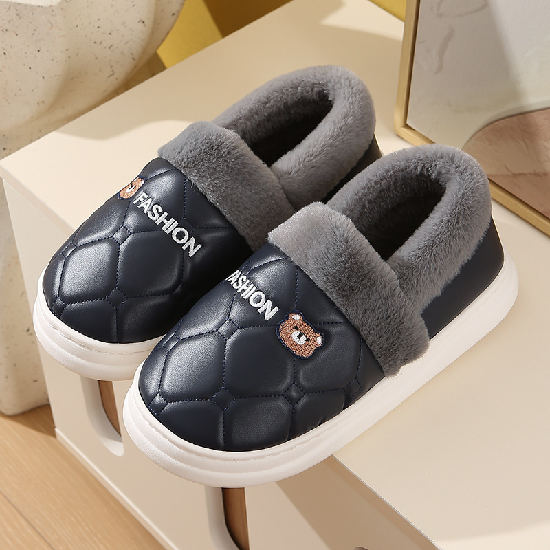 3.5CM厚底、ヒール付き、綿入りスリッパ、女性用、25新作、PUレザー、防水、秋冬、産後、屋外でも履ける、男性用、毛皮スリッパ|undefined
