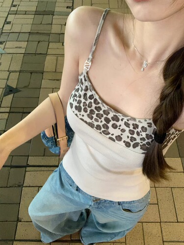Women's New Color-blocked Leopard Print Camisole Top with Built-in Bra Cup, Pure Desire Seductive Layering Underwear Short-sleeve Top