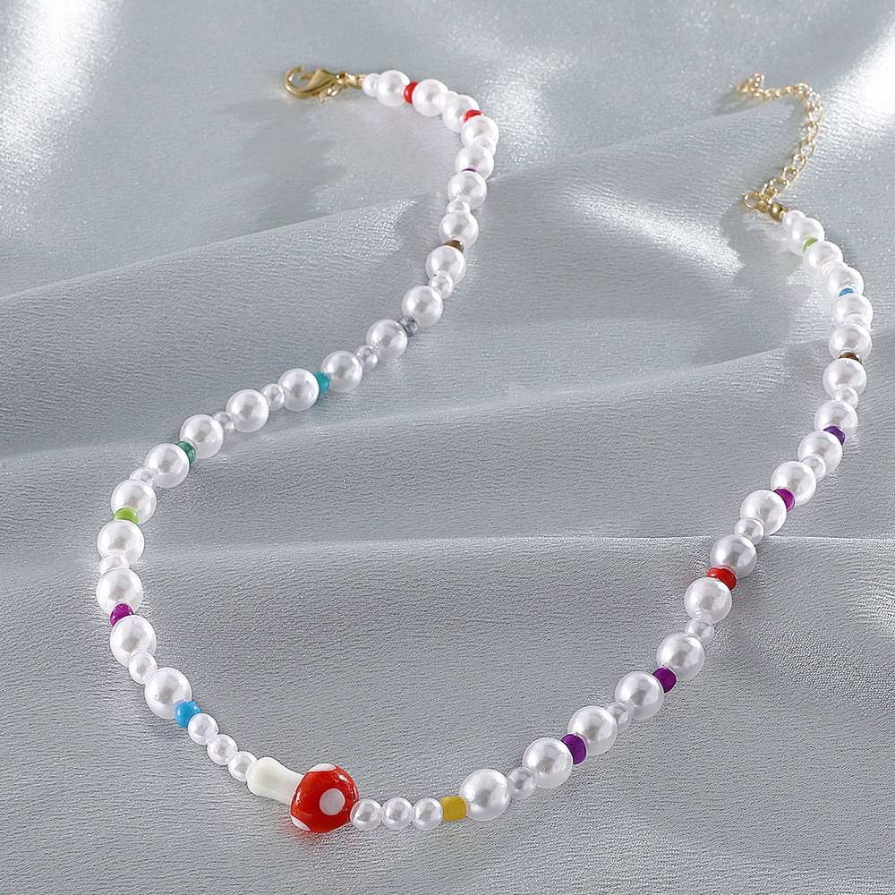 Fashion Bohemian Style Mushroom  Pearl Colorful Beaded Clavicle Chain Necklacepicture3