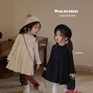 Small and Medium-Sized Girls' 2025 Autumn and Winter New Kidsren's Long-Sleeved Style Dress Baby Knitted Pure Color High-End Skirt