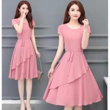 纯色圆领连衣裙女夏季新款修身显瘦中长款裙子韩版拼接系带A字裙