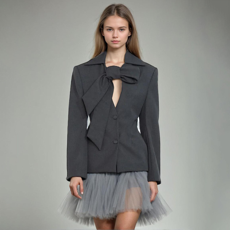 European and American Niche Style 2026 Summer New V-Neck Tie Single-Breasted Design Solid Color Waist-Cinching Blazer for Women