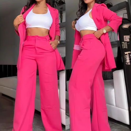 European and American summer women's clothing has elegant temperament and pure color split sleeves lapel suit straight pants suit for women