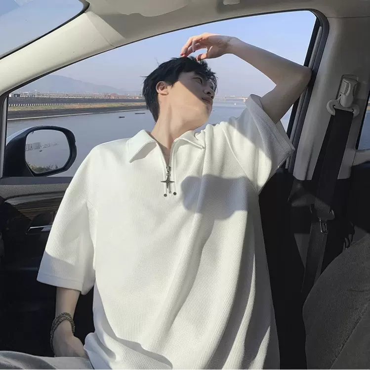 欧美半拉链短袖polo衫男款夏季2025新款高街华夫格青少年翻领体恤