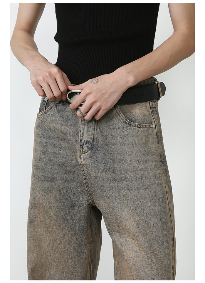 Quần jeans nam ống rộng phong cách retro, dáng suông dài chạm gót, lưng cạp vừa — Vàng gỉ chi tiết 12