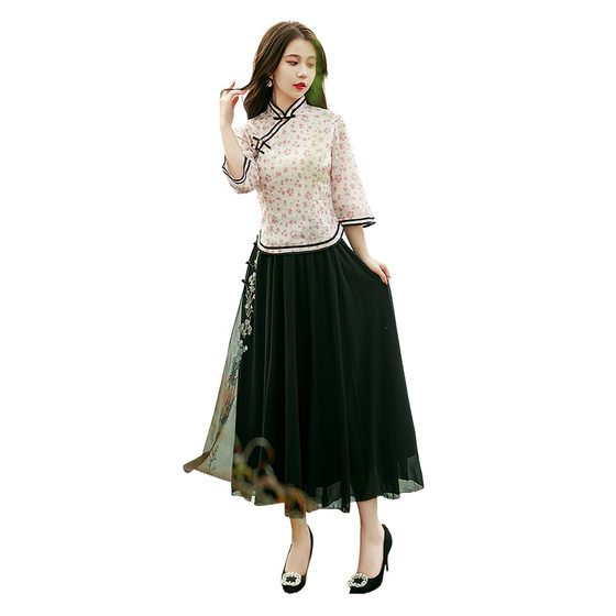 2022 Summer New Bubble Silk Long Improved Cheongsam Two-piece Fresh Girl Cheongsam Dress Set