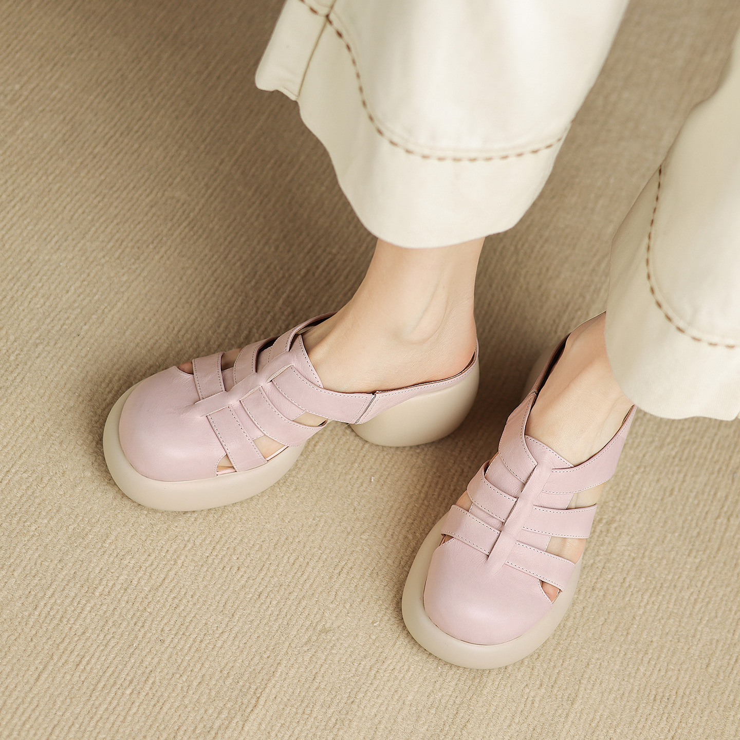Sandal cao gót nữ mũi hở phong cách La Mã đế dày 6 cm — đen