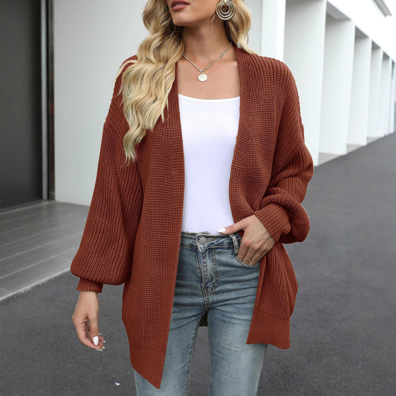 Amazon Foreign Trade Women's Clothing 2026 Autumn and Winter New Lantern Sleeve Sweater Women's Coat Thick Yarn Pocket Knit Cardigan