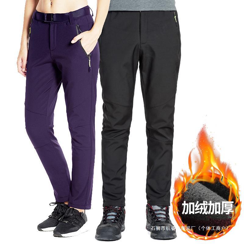 Outdoor Charge Pants Men's and Women's Winter fleece-lined Thickened Mountain Climbing Skiing Windproof Waterproof Fleece Soft Shell Pants Black Men's No