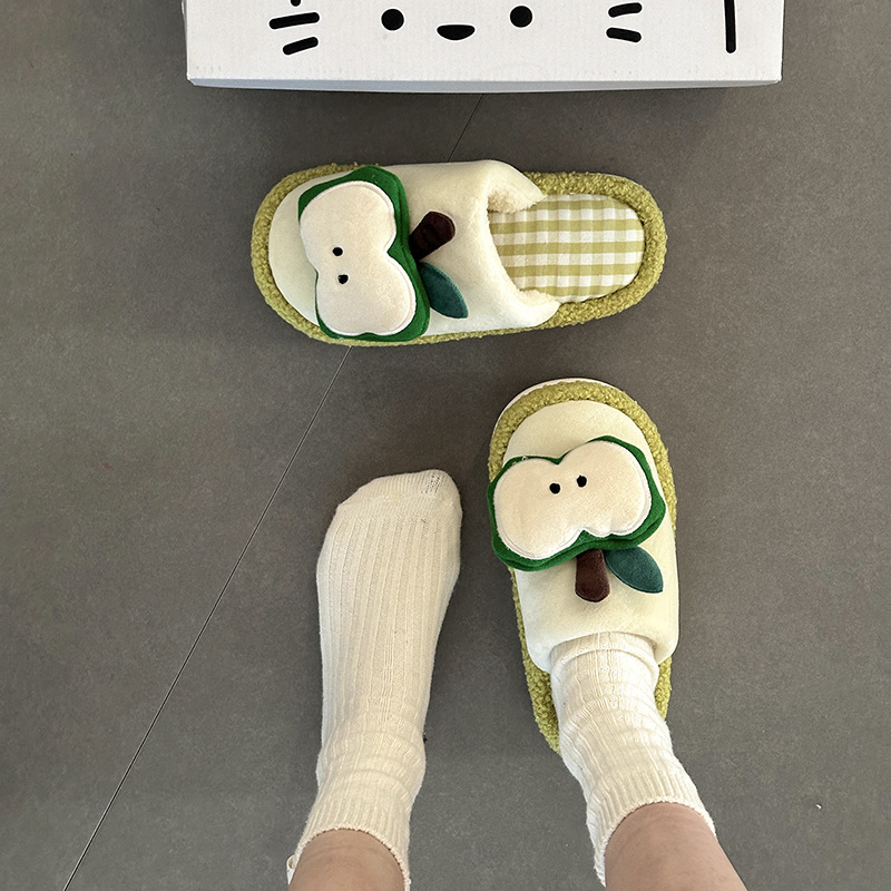 2025新款苹果造型格子毛毛拖鞋女秋冬可爱卡通居家室内包头棉拖鞋|undefined