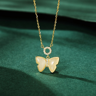 New S925 Sterling Silver Clavicle Necklace Women's National Style Hetian Jade Butterfly Pendant Summer Accessible Luxury Simple High-End Accessories