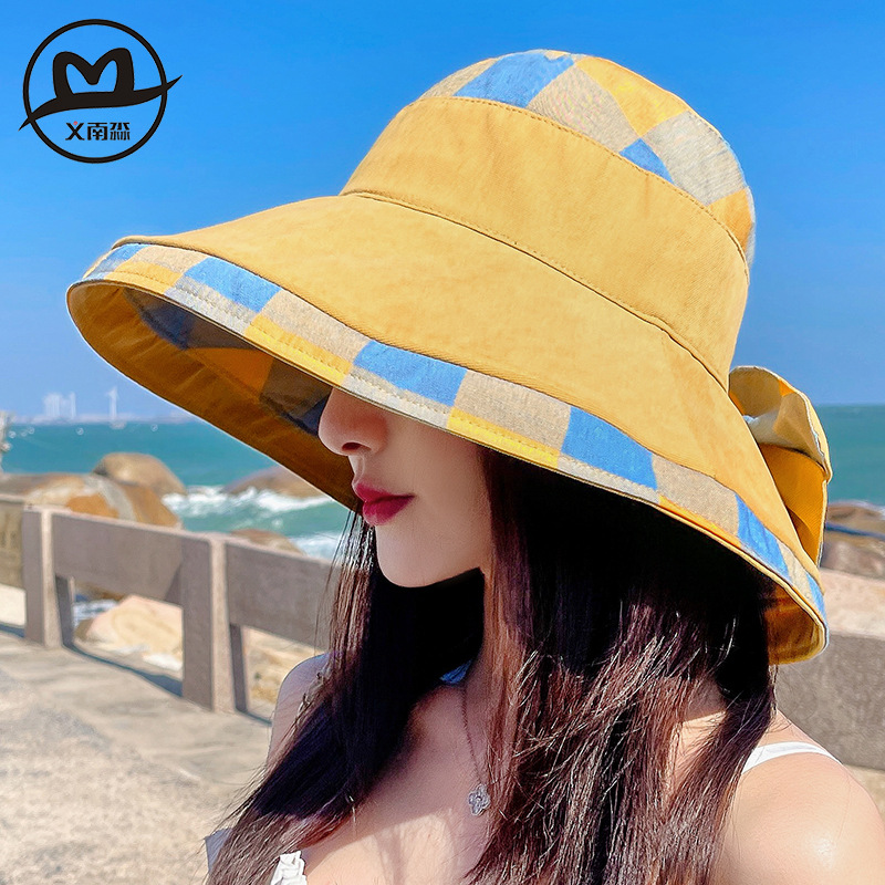 拼布防曬帽女大檐漁夫帽百搭遮臉太陽帽子夏季防紫外線沙灘遮陽帽